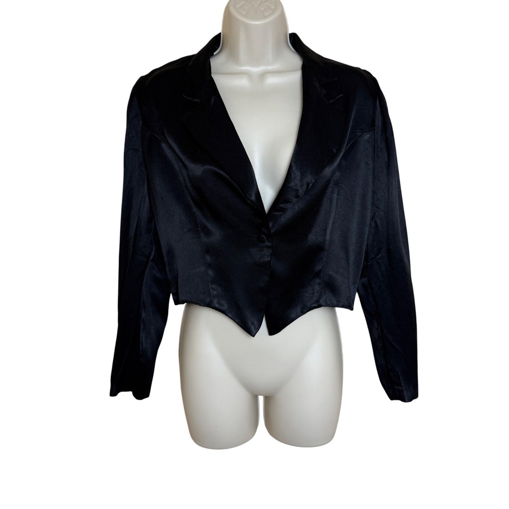 Vintage Cropped Tuxedo Blazer Women Size M Black Satin Goth Glam Party Retro